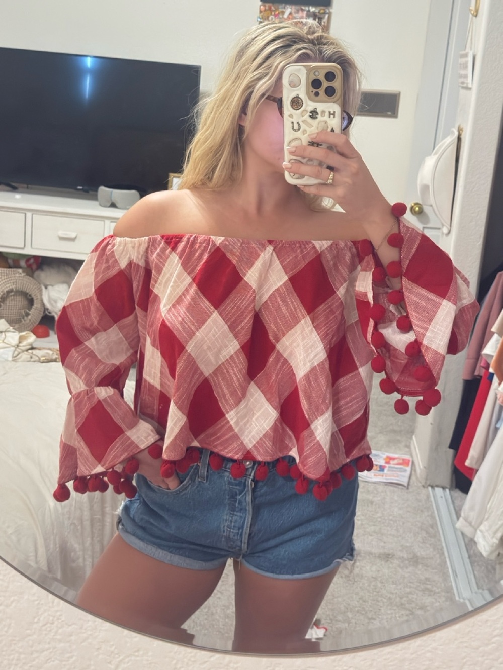 Red and White Plaid Off-Shoulder Pom Pom Top - Picture 2 of 2